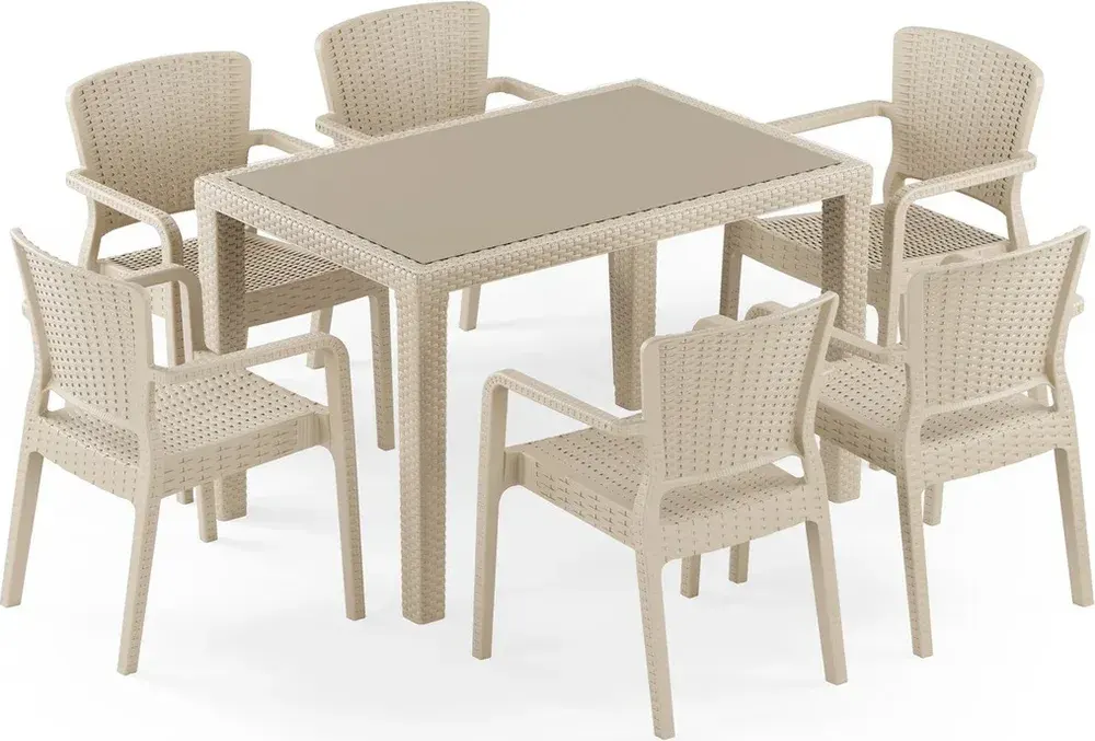 Antares Glass-Top 80×120 Antares Armchair 6-Person Rattan Dining Set