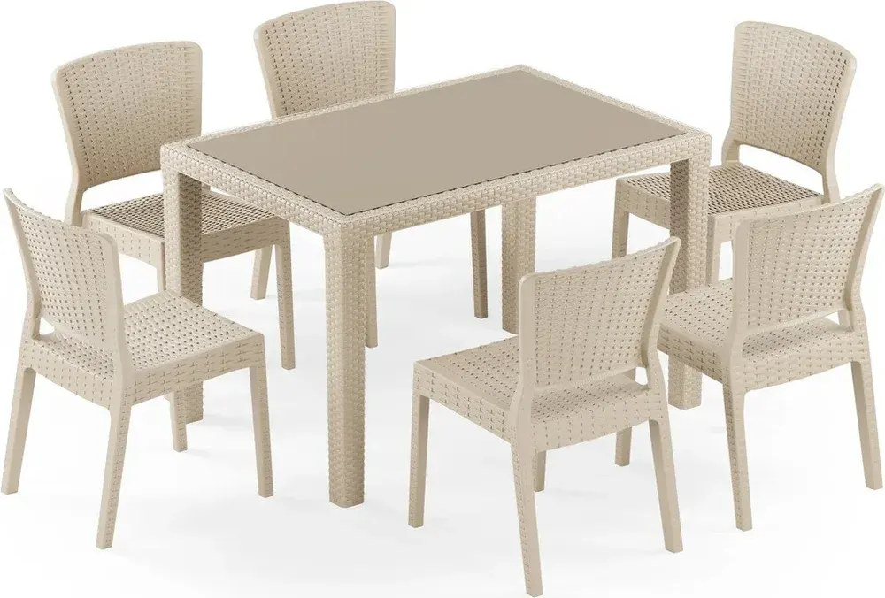 Set Masă Rattan Antares Camlı 80x120 cu Scaun Antares, 6 Persoane