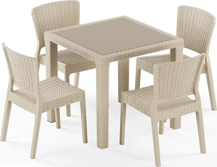 Antares Glass-Top 80×80 & Antares Armless 4-Person Rattan Dining Set
