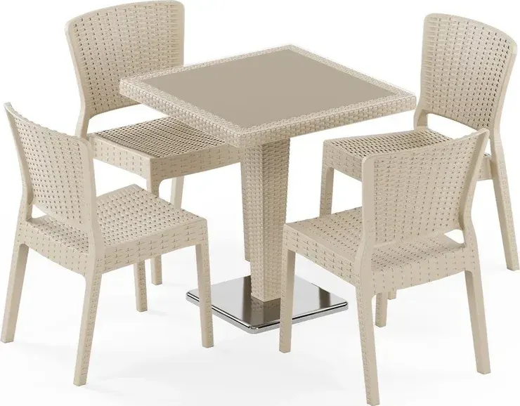 Set Masă Rattan Antares cu Picior Cromat 70x70 și Scaun Antares fără Brațe, 4 Persoane