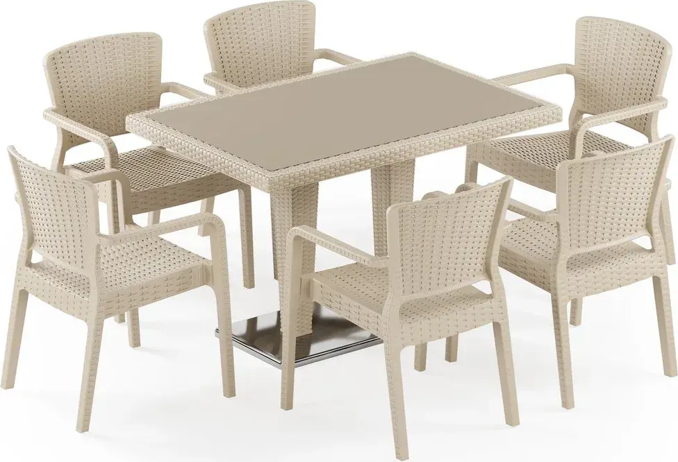 Set Masă Rattan Antares Camlı Picior Cromat 80x120 cu Fotoliu Antares, 6 Persoane