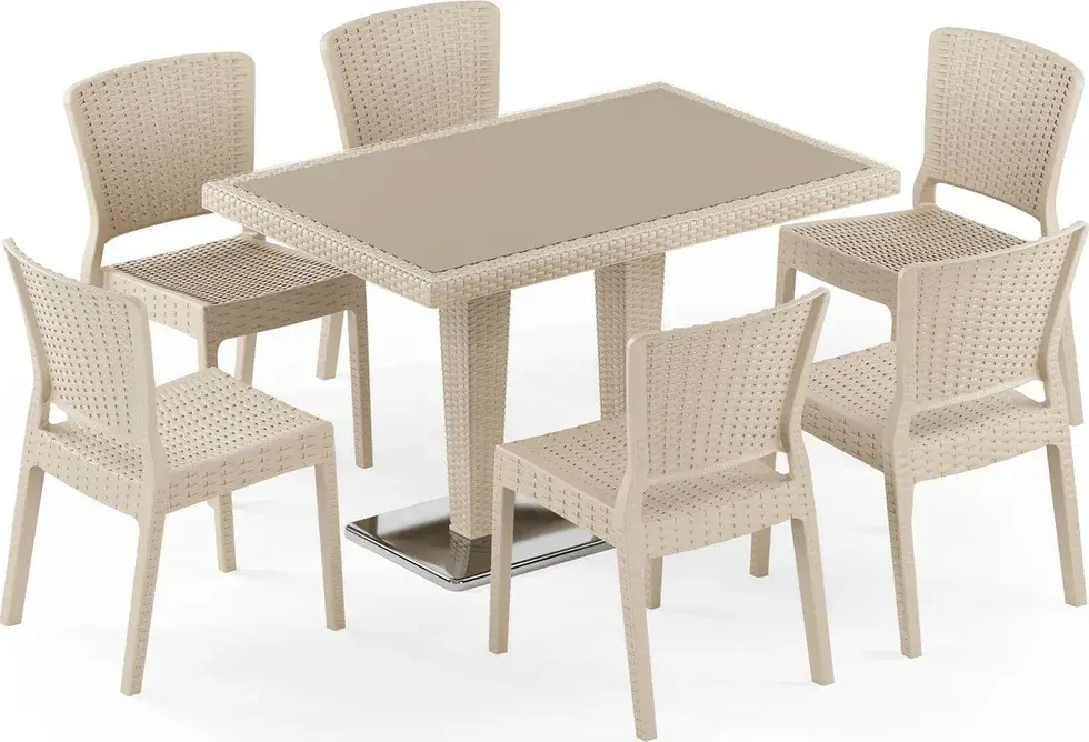 Set Masă Rattan Antares Camlı Picior Cromat 80x120 cu Scaun Antares, 6 Persoane