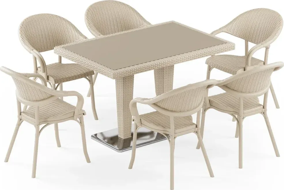 Antares Krom Ayak Camlı 80X120 Flash-R 6 Kişilik Rattan Masa Takımı
