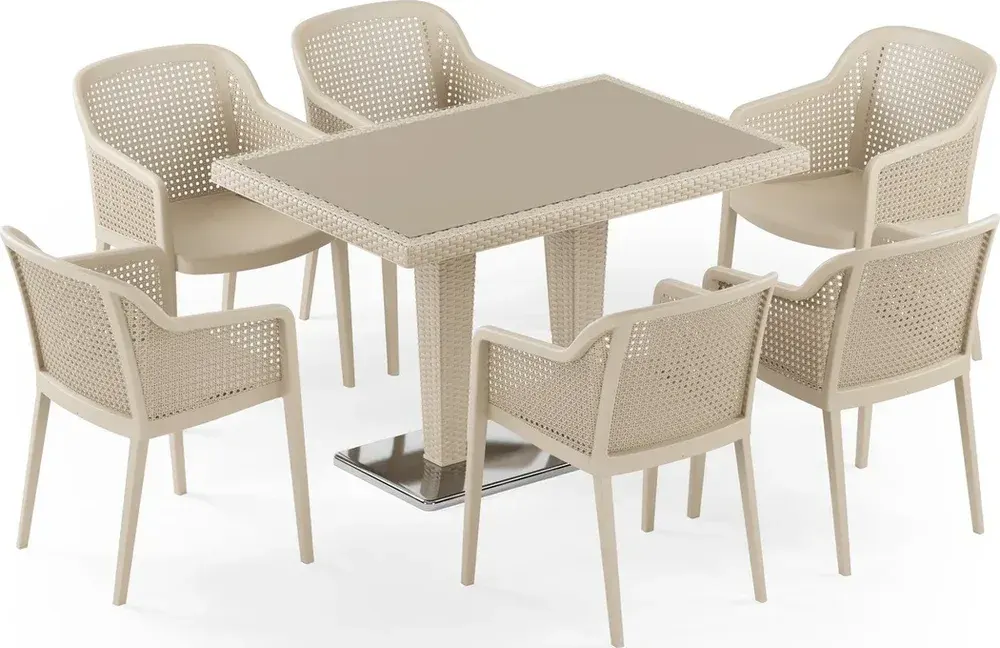 Antares Krom Ayak Camlı 80X120 Octa 6 Kişilik Rattan Masa Takımı