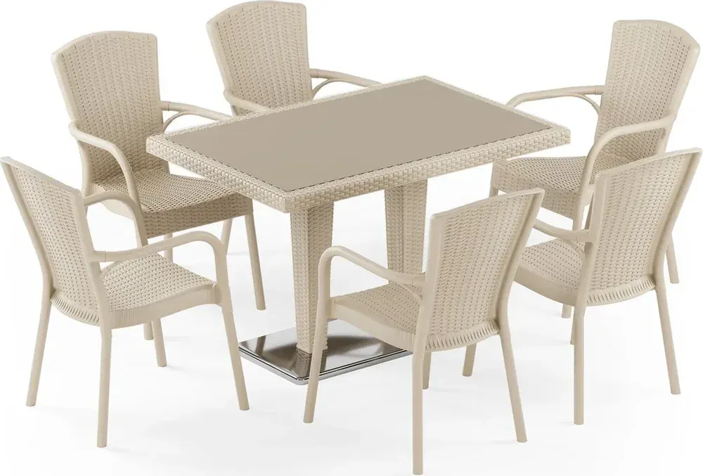 Set Masă Rattan Antares Camlı Picior Cromat 80x120 cu Fotoliu Royal, 6 Persoane