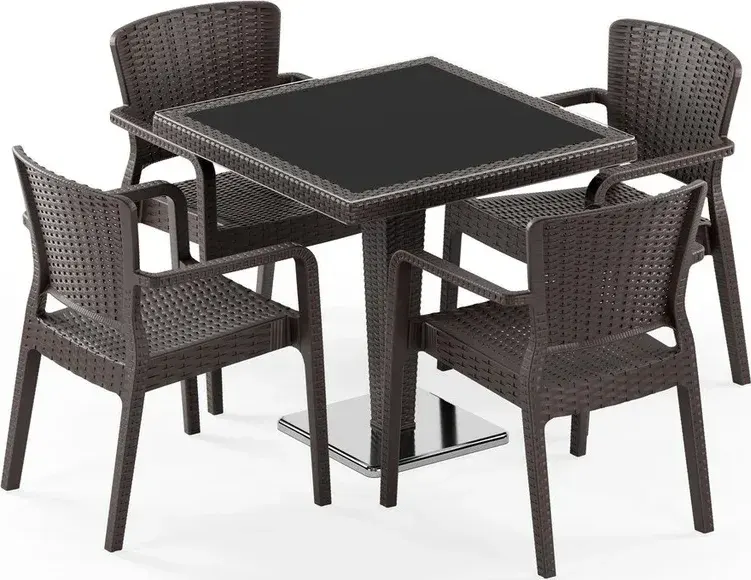 Antares Krom Ayak Camlı 80X80 & Antares Koltuk 4 Kişilik Rattan Masa Takımı