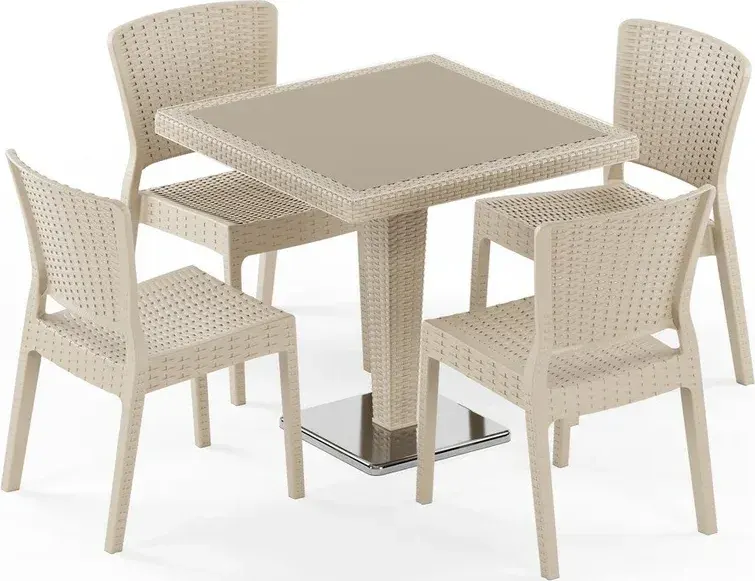 Antares Chrome-Leg Glass-Top 80×80 Antares Chair 4-Person Rattan Dining Set
