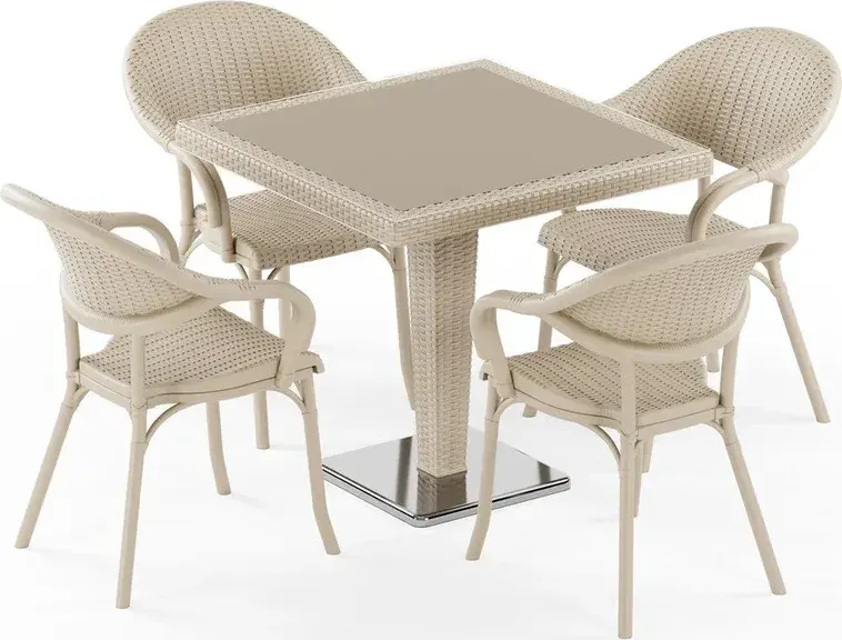 Antares Krom Ayak Camlı 80X80 Flash-R 4 Kişilik Rattan Masa Takımı