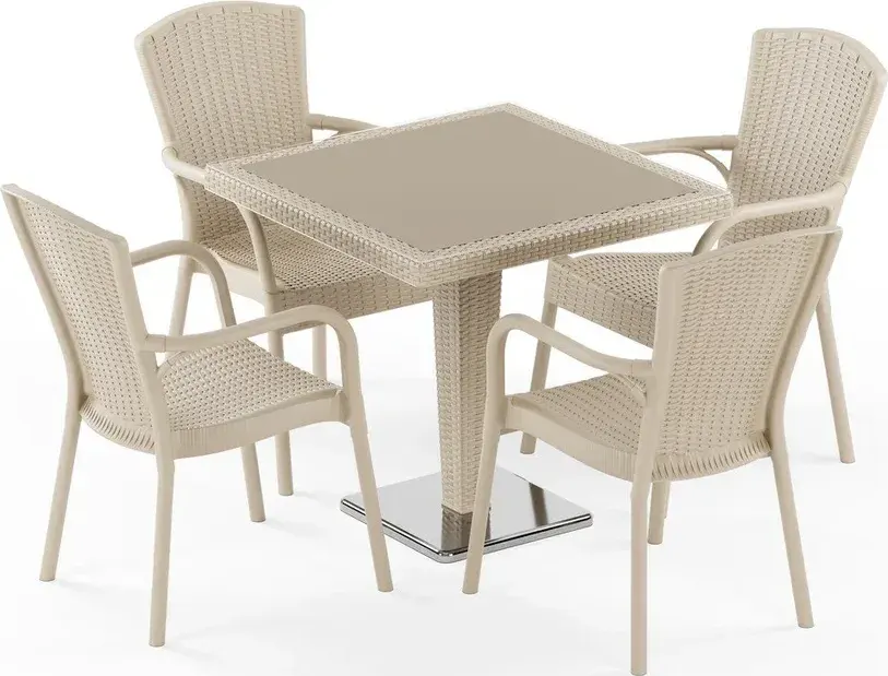 Set Masă Rattan Antares Camlı Picior Cromat 80x80 cu Fotoliu Royal, 4 Persoane