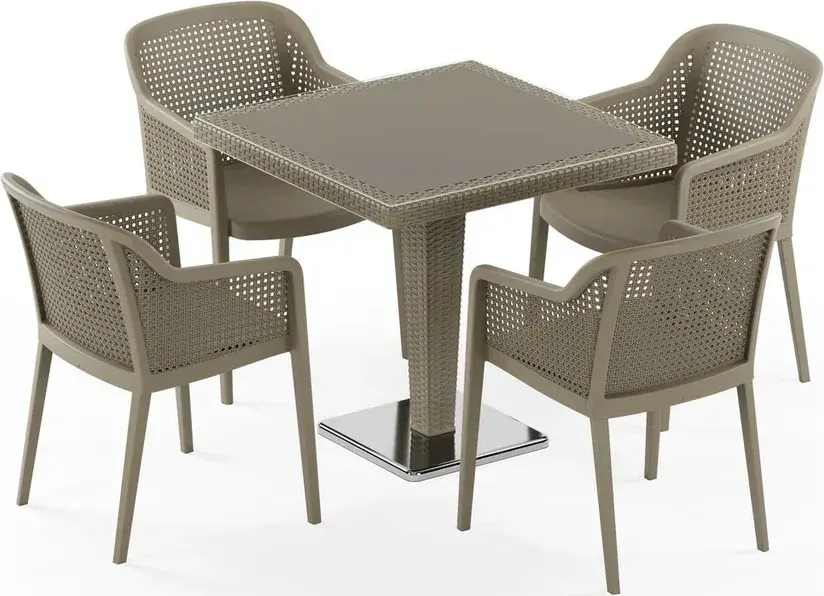 Antares Krom Ayak Camlı 80x80 ve Octa 4 Kişilik Rattan Masa Takımı