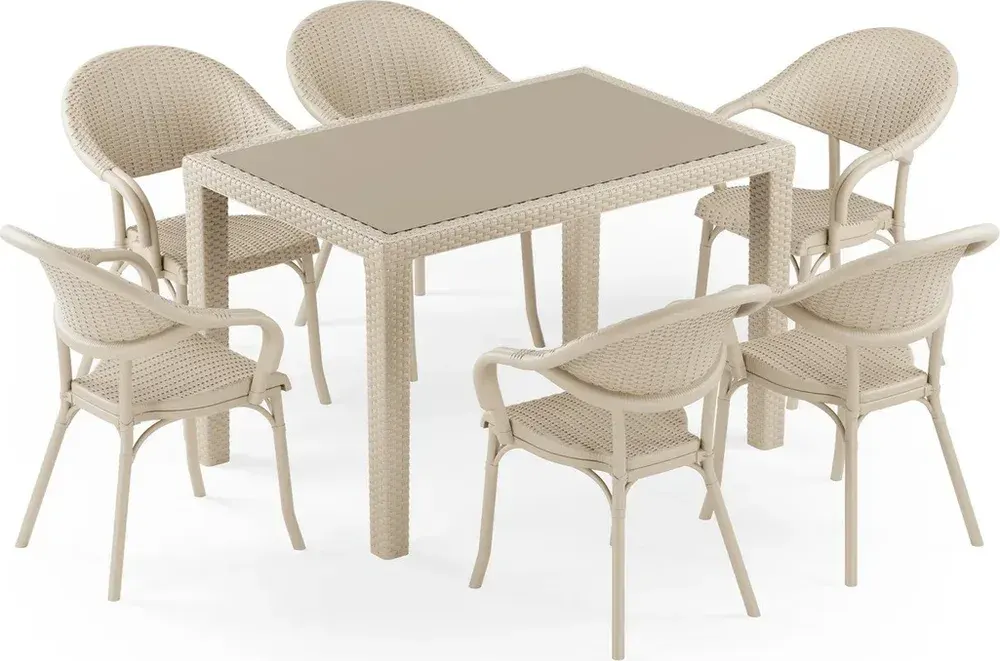 Antares cu Sticlă 80X120 Flash-R Set de Masă Rattan pentru 6 Persoane