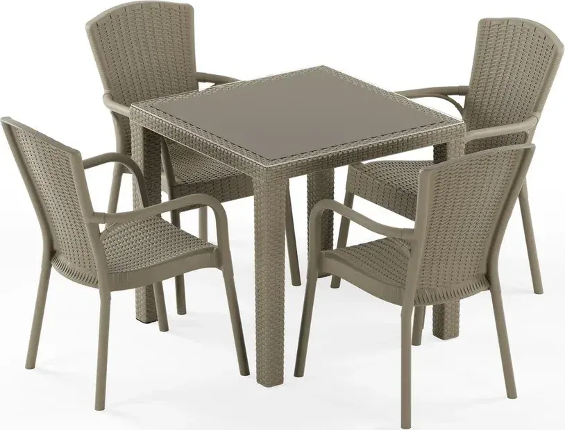 Antares cu Sticlă 80x80 și Royal Set de Masă Rattan pentru 4 Persoane