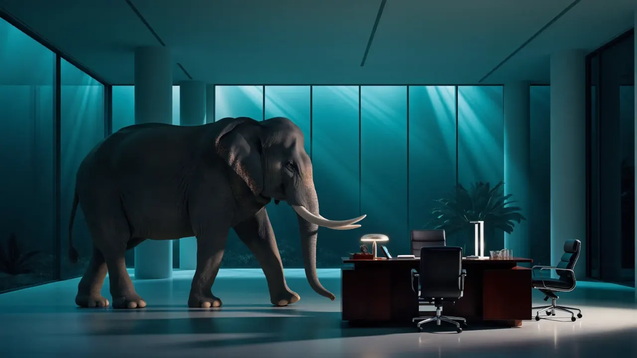 Fil Office — showroom și elefant în lumină albastru-petrol