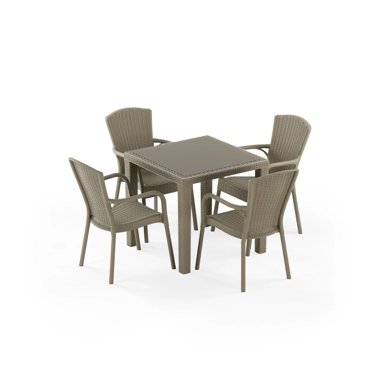 Antares cu Sticlă 80x80 și Royal Set de Masă Rattan pentru 4 Persoane