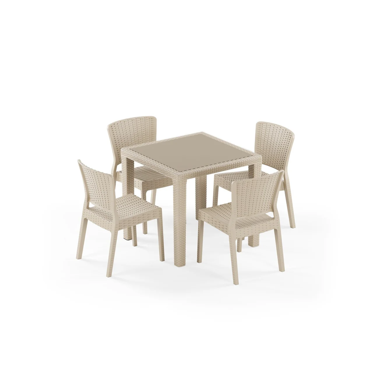 Antares Camlı 80x80 ve Antares Kolçaksız 4 Kişilik Rattan Masa Takımı