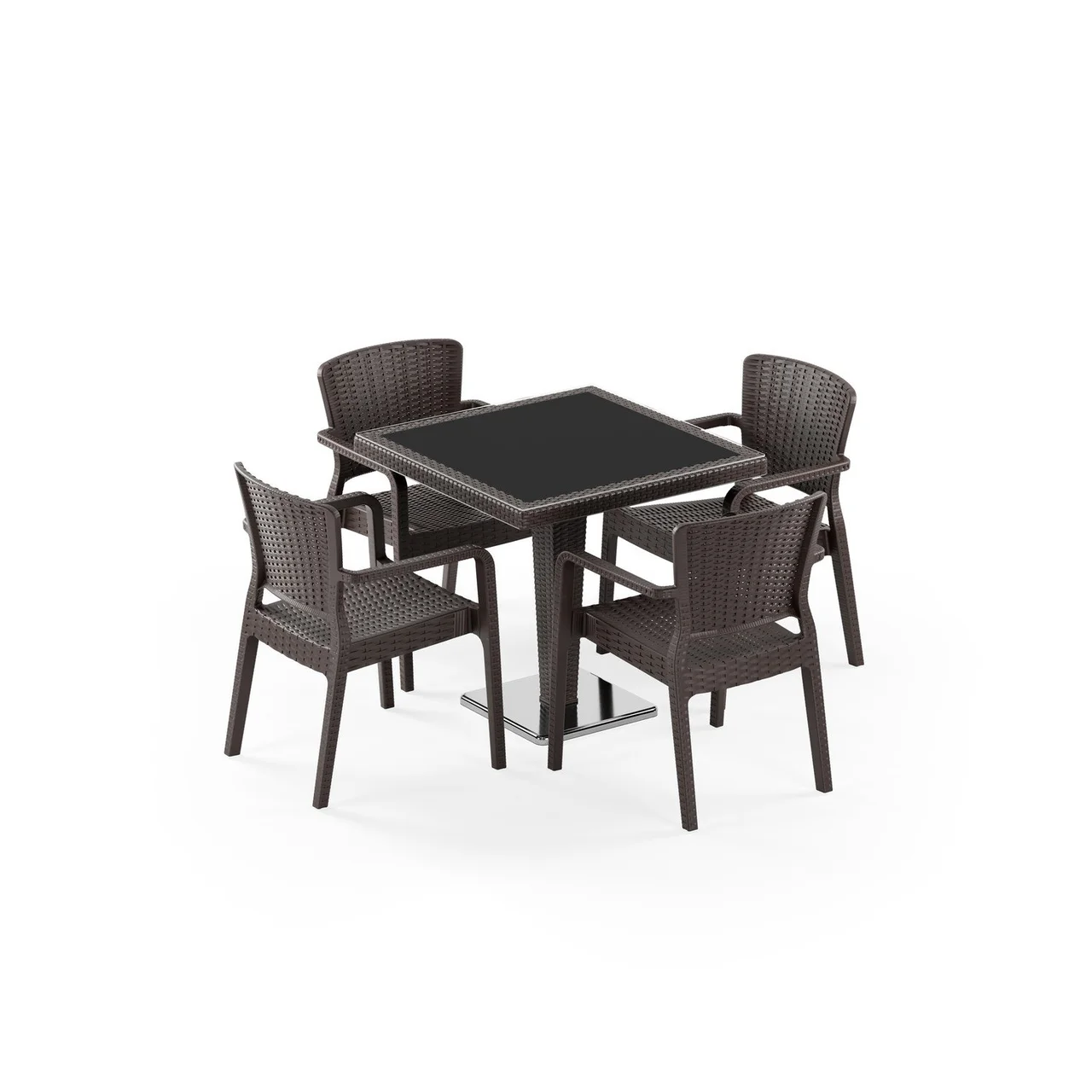 Antares Chrome-Leg Glass-Top 80×80 & Antares Armchair 4-Person Rattan Dining Set