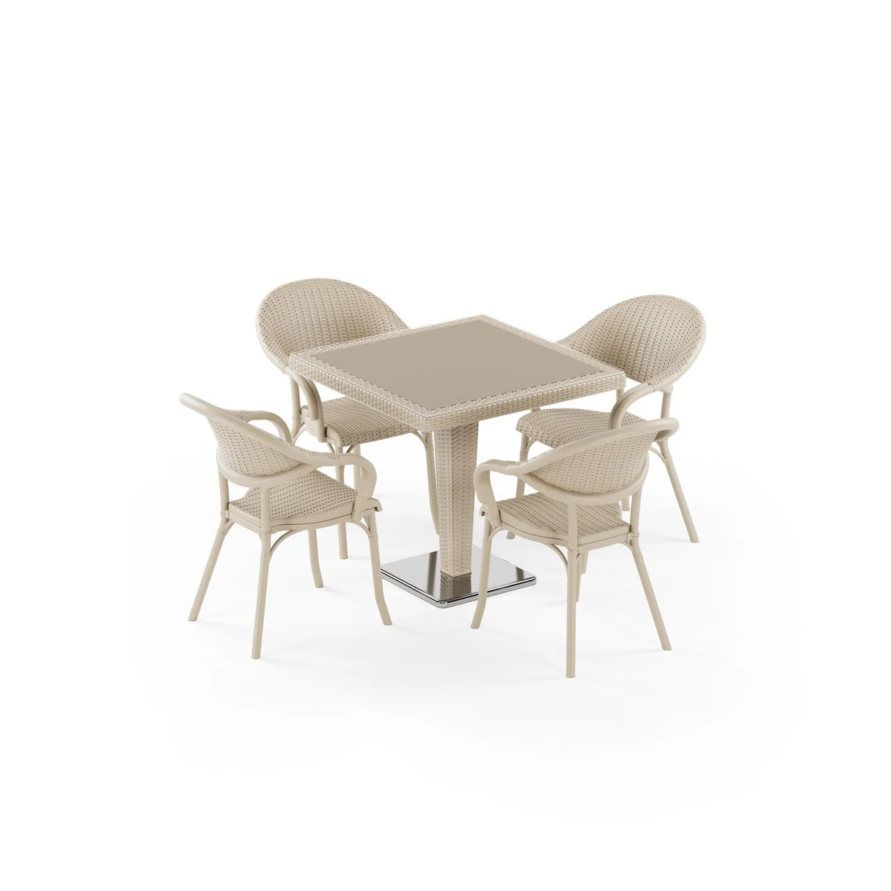 Set Masă Rattan Antares Camlı Picior Cromat 80x80 cu Flash-R, 4 Persoane