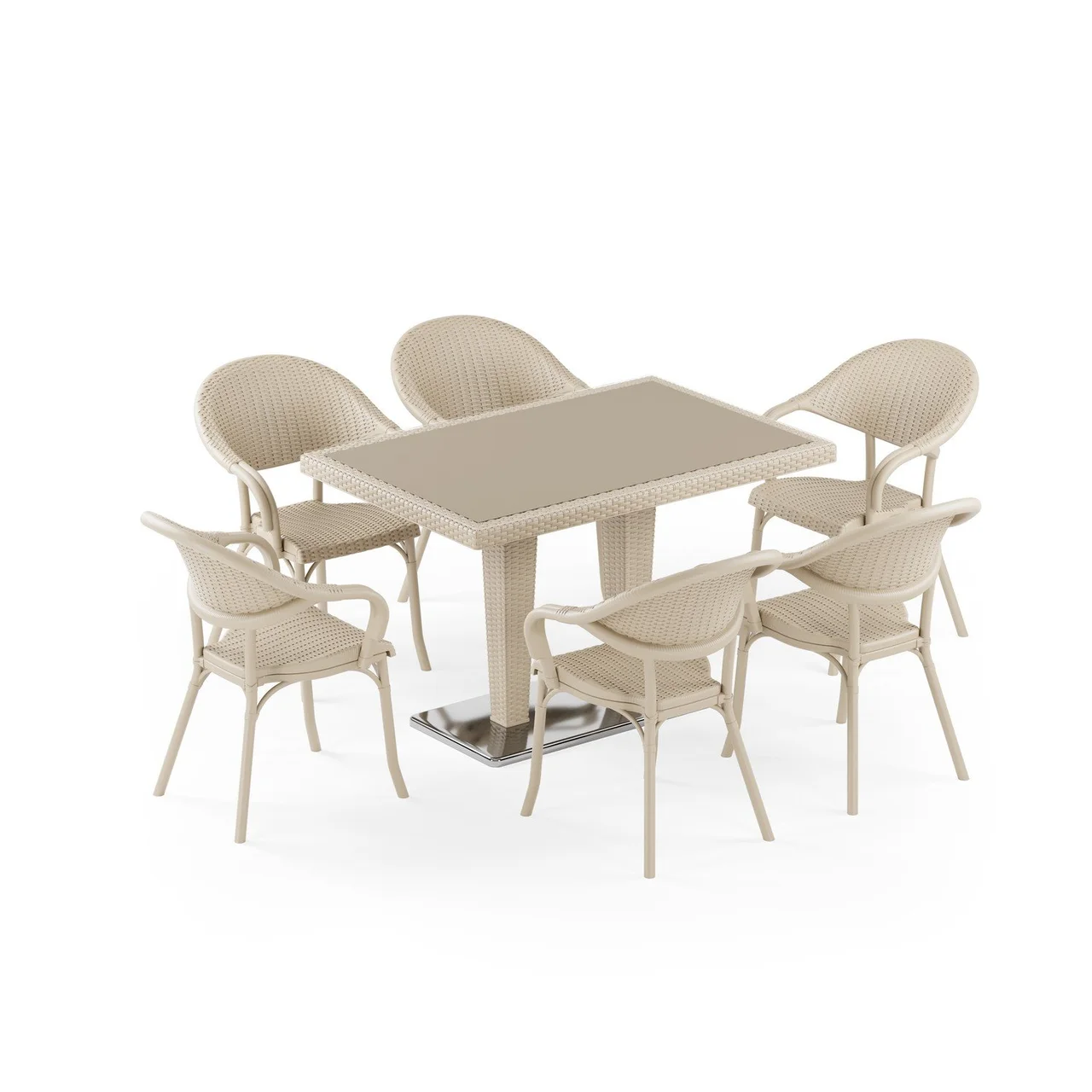 Set Masă Rattan Antares Camlı Picior Cromat 80x120 cu Flash-R, 6 Persoane