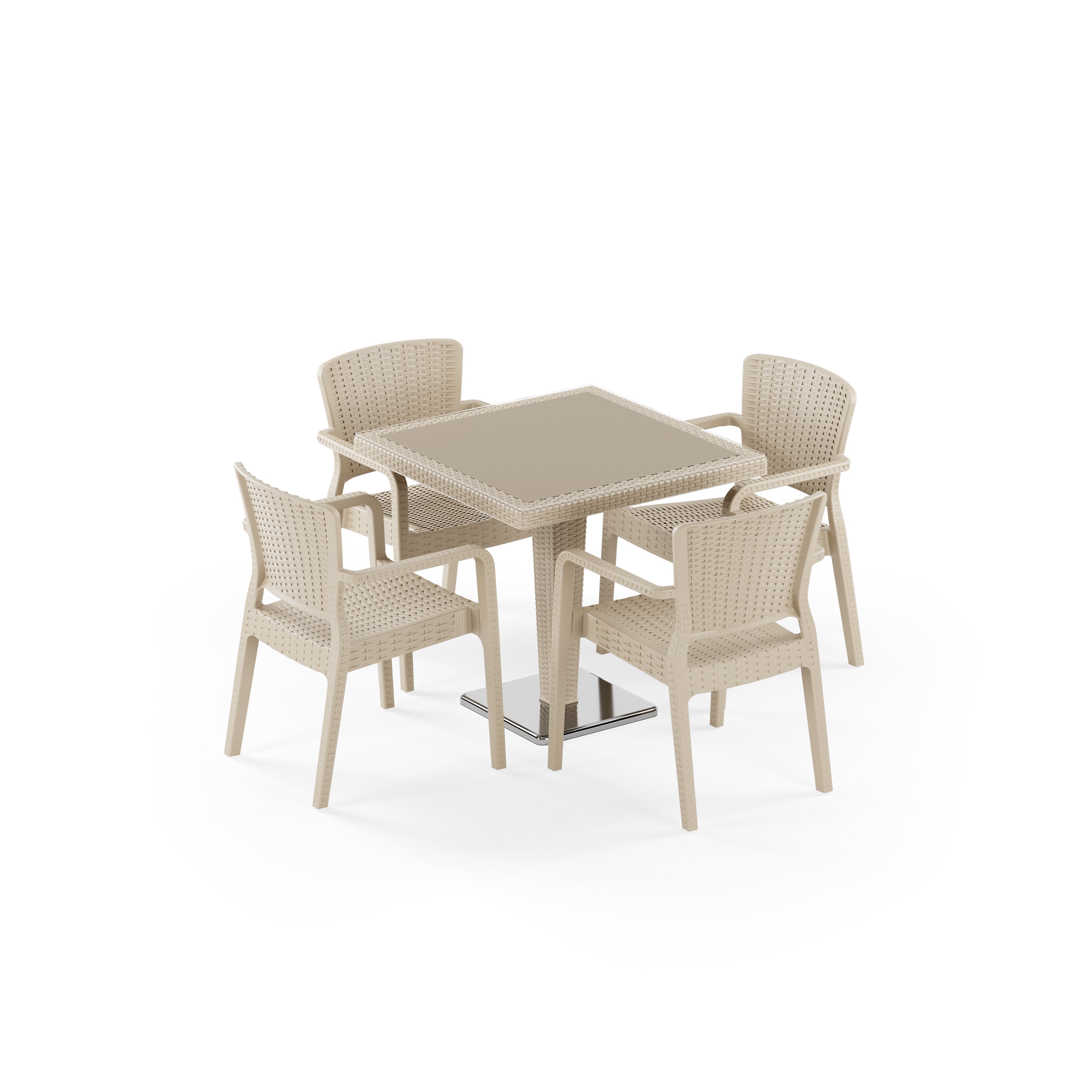 Antares Krom Ayak Camlı 80X80 & Antares Koltuk 4 Kişilik Rattan Masa Takımı