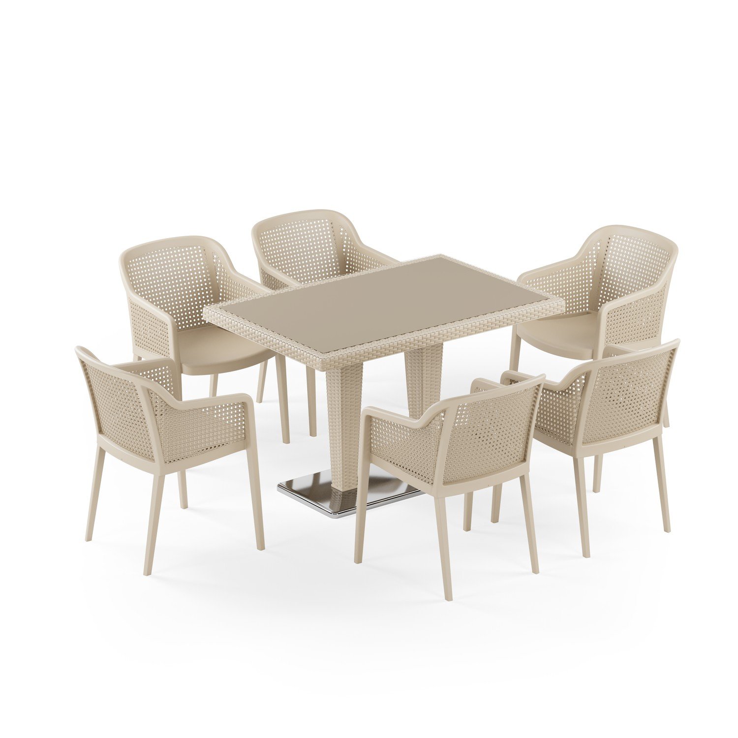 Antares Krom Ayak Camlı 80X120 Octa 6 Kişilik Rattan Masa Takımı